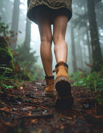 A lone hiker journeys deeper into a mysterious, fog-enshrouded forest.の素材