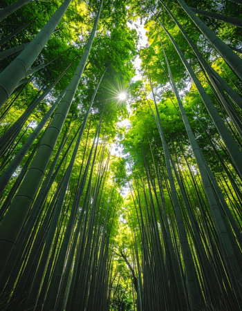 A low-angle view looking up towards the sky through a dense canopy of tall, green bamboo stalks.の素材