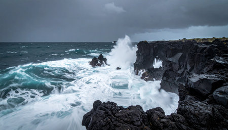 Under a dark, brooding sky, powerful ocean waves relentlessly assault a rugged volcanic coastline.の素材