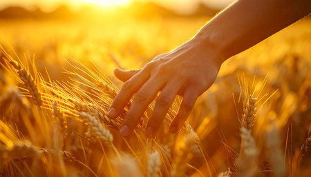 A gentle hand brushes through a field of ripe, golden wheat as the setting sun casts a warm, ethereal glow.の素材