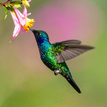 A stunning, iridescent hummingbird is captured in a moment of perfect stillness while hovering to drink nectar from a delicate pink flower.の素材