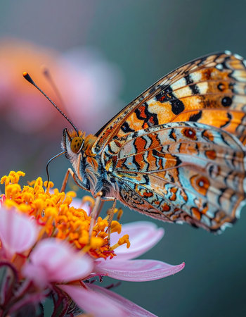 A stunning close-up captures the delicate moment a vibrant fritillary butterfly pauses to sip nectar from the bright yellow center of a soft pink flower.の素材