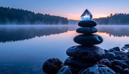 At the tranquil edge of a misty lake, a stack of balanced stones stands as a monument to peace.の素材