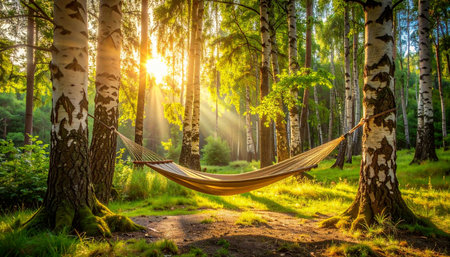 A solitary hammock hangs between two birch trees, bathed in the warm, golden light of a setting sun.の素材