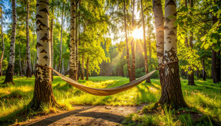 An empty hammock waits between two birch trees, bathed in the warm, golden light of a setting sun.の素材