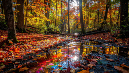 Sunlight streams through a vibrant autumn forest, illuminating a tranquil creek on the woodland floor.の素材