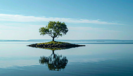 A single, resilient tree stands alone on a tiny island, its perfect reflection mirrored in the still, tranquil waters.の素材