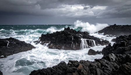 Immense, powerful waves from a turbulent ocean relentlessly crash against jagged volcanic rocks under a dark, stormy sky.の素材