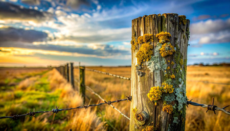 A weathered wooden fence post, adorned with lichen, stands as a silent sentinel in a vast country field.の素材