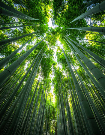 Gazing upward from the forest floor, towering stalks of green bamboo create a natural cathedral.の素材