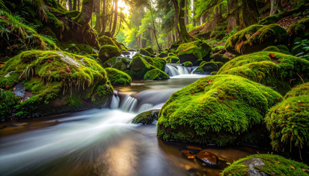 Sunlight filters through an ancient canopy, illuminating a pristine river as it weaves through moss-covered stones.の素材