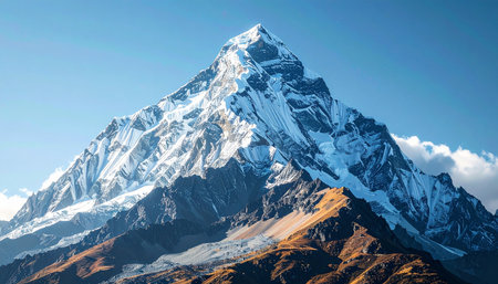 The first light of day illuminates the rugged, snow-covered summit of a towering mountain. This epic landscape evokes a sense of adventure, challenge, and the profound beauty of reaching the top.の素材