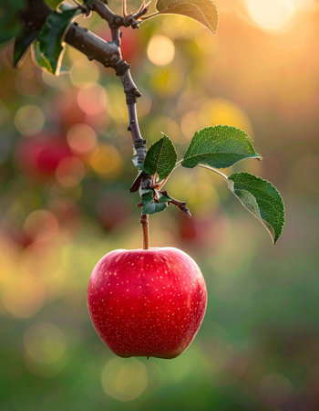 A single, perfect red apple hangs from a delicate branch, bathed in the warm, golden light of a late afternoon sun.の素材