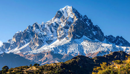 The rugged, snow-dusted peaks of Mount Kenya, Africa's second-highest mountain, pierce a perfectly clear blue sky.の素材