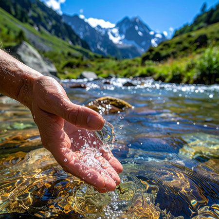 A person's hand cups the crystal clear, cold water from a pristine alpine stream.の素材