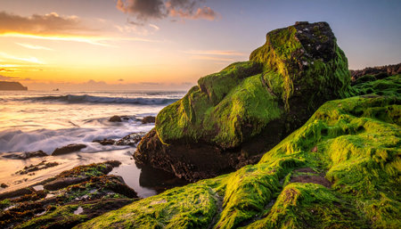 The first light of dawn spills across the horizon, casting a golden glow on the ocean.の素材