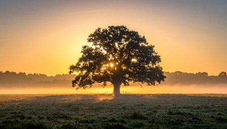 The first golden rays of a new day break through the leaves of a majestic solitary oak tree.の素材