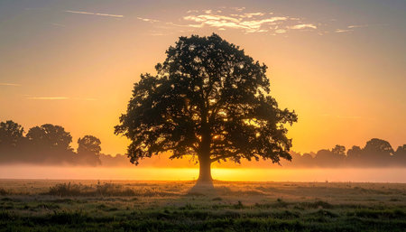 A majestic solitary oak tree stands silhouetted against a brilliant golden sunrise.の素材