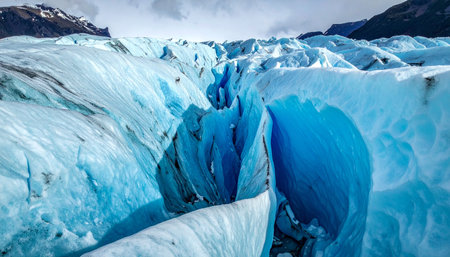 A breathtaking view deep into the heart of a colossal glacier, where centuries of compressed snow have formed a stunningly vibrant blue ice crevasse.の素材