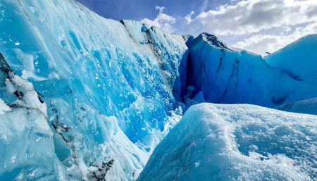 A stunning close-up view reveals the deep, vibrant blue heart of an ancient glacier.の素材