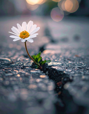 Against all odds, a single, delicate daisy pushes through a dark crack in the urban asphalt, its white petals reaching for the warm, glowing light.の素材