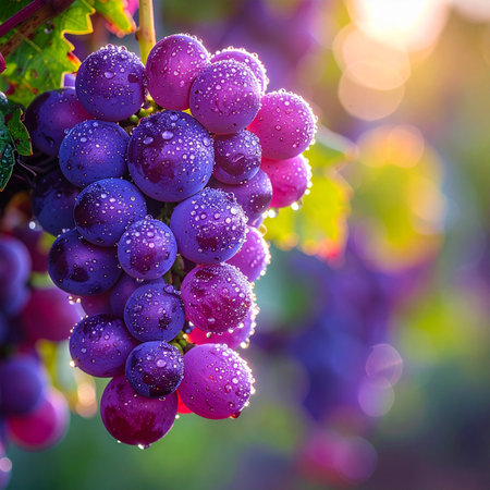 A cluster of plump, purple grapes hangs from the vine, glistening with morning dew.の素材