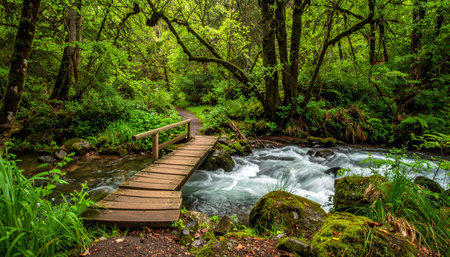 A rustic wooden footbridge offers a path across a clear, rushing stream deep within an ancient, moss-covered forest.の素材
