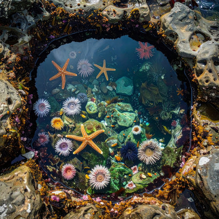 A hidden world revealed at low tide, this vibrant rock pool is a miniature ecosystem teeming with life.の素材
