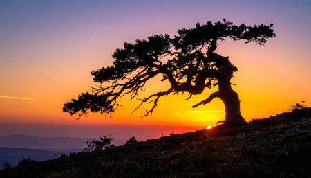 A lone, windswept tree stands in resilient silhouette against the vibrant glow of a setting sun.の素材