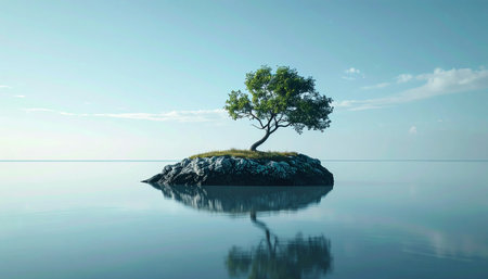 A single, resilient tree stands alone on a small rocky island, its perfect reflection mirrored in the still, tranquil waters.の素材