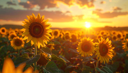 A vast field of sunflowers turns to face the setting sun, their vibrant yellow petals glowing in the warm, golden light of the evening.の素材
