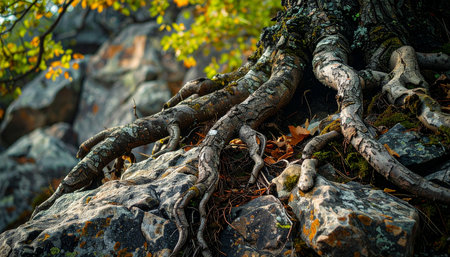 In a sun-dappled forest, ancient and powerful tree roots tenaciously grip a weathered rock, showcasing nature's incredible resilience and strength.の素材