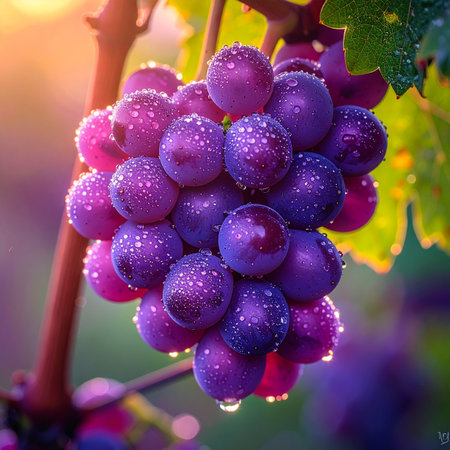 A perfect bunch of ripe purple grapes, glistening with morning dew, hangs from the vine.の素材