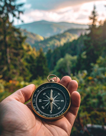 A first-person view of a hand holding a vintage compass, seeking direction amidst a breathtaking mountain forest landscape.の素材
