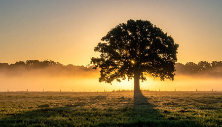 The sun rises over a misty field, casting a warm, golden glow and silhouetting a solitary tree.の素材
