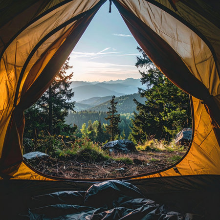 The first light of dawn spills over distant mountain peaks, seen from the cozy interior of a camping tent.の素材