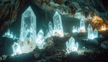 Deep within the earth, a hidden cavern reveals its secret: a cluster of magnificent crystals pulsing with an ethereal, cyan light.の素材