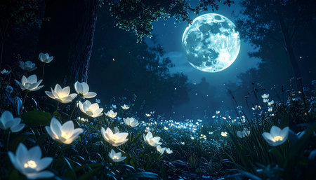 In a hidden, enchanted forest, a field of sacred lotus flowers awakens under the glow of a full moon.の素材