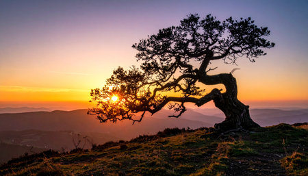 An ancient, gnarled tree stands as a resilient silhouette against the vibrant glow of a new day.の素材