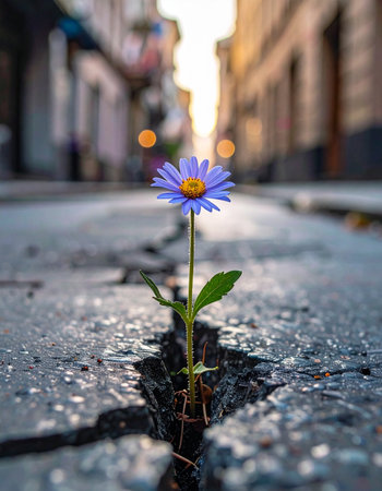 In the heart of a bustling city, a single, vibrant flower defies the odds, breaking through the hard asphalt of a wet street.の素材