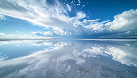 A breathtaking panoramic view where the earth meets the sky in a seamless reflection.の素材