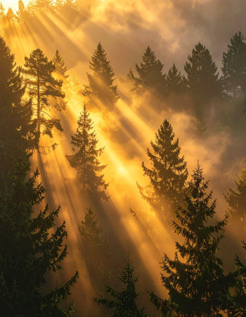 Ethereal golden sunbeams pierce through the morning mist, casting a magical, heavenly glow over a dense pine forest.の素材