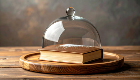 An old, treasured book rests on a rustic wooden tray, carefully protected under a transparent glass cloche.の素材