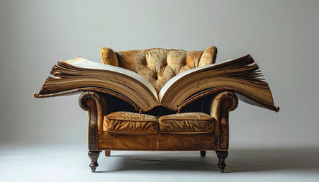 In a quiet space, a classic leather armchair holds a massive, open book, its pages spread wide like wings.の素材