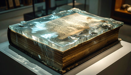 A priceless ancient tome, filled with forgotten stories and secrets, is perfectly preserved for eternity within a block of clear ice.の素材