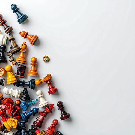 From a top-down perspective, a chaotic yet vibrant pile of colorful chess pieces lies scattered on a clean white surface.の素材