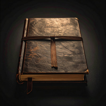 Bound in distressed leather and tied with a strap, this ancient journal rests in shadow, holding untold stories, forgotten lore, and deep secrets within its aged pages.の素材