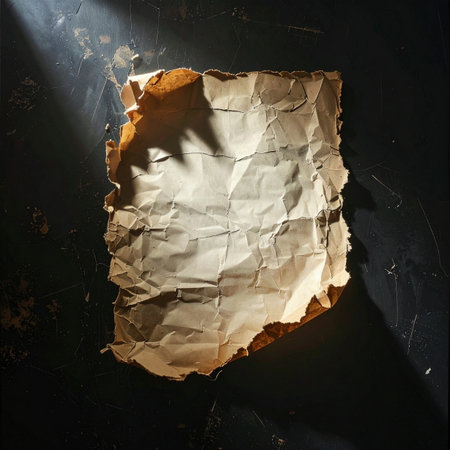 A single beam of light cuts through the darkness, illuminating a mysterious, crumpled piece of old parchment.の素材