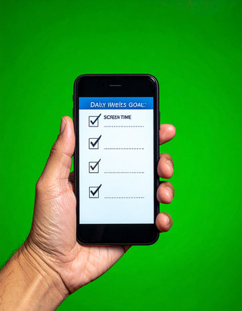 A person's hand holds a smartphone against a vibrant green screen, displaying a digital checklist for daily habits and goals.の素材