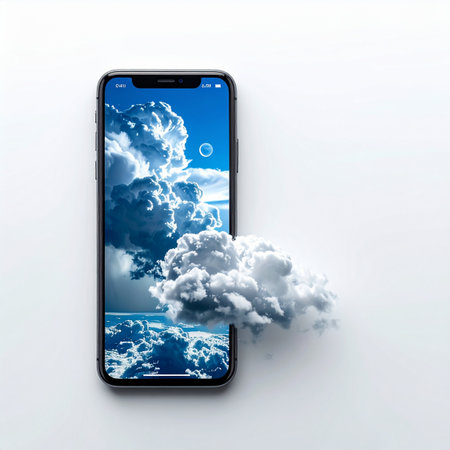 A visual representation of cloud computing and digital storage.の素材